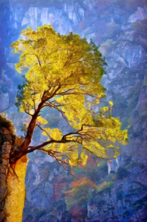 A solitary tree rendered in warm gold against a cool blue landscape.